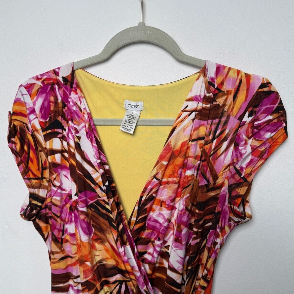 Cache Womens Tropical Palm‎ Floral Faux Wrap Sheath Dress Pink Orange Size L